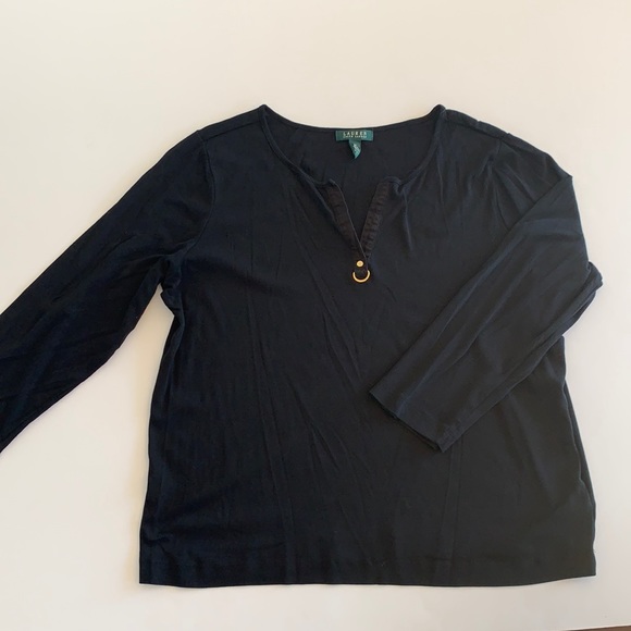 Lauren Ralph Lauren Tops - Lauren by Ralph Lauren Black, Cotton, Long-Sleeved, V-Neck T-Shirt.